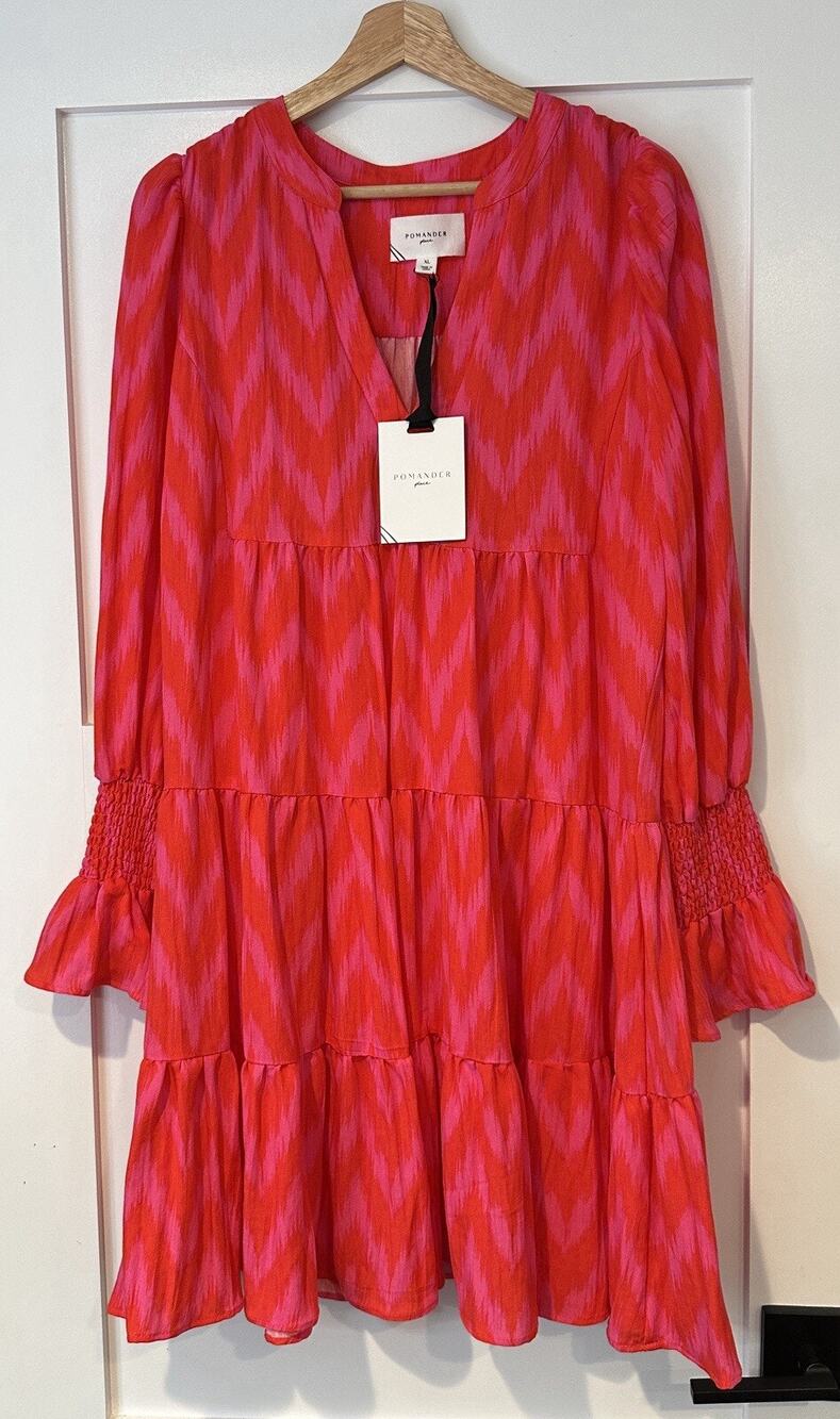 New Pomander Place XL Dress Hot Pink Kenzo Ikat Print V-neck Tiered Long Sleeve